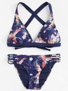 Romwe Flower & Crane Bird Print Strappy Bikini Set