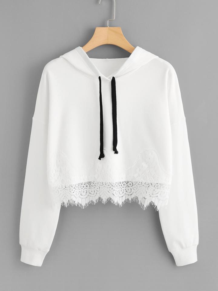 Romwe Lace Hem Drop Shoulder Hoodie
