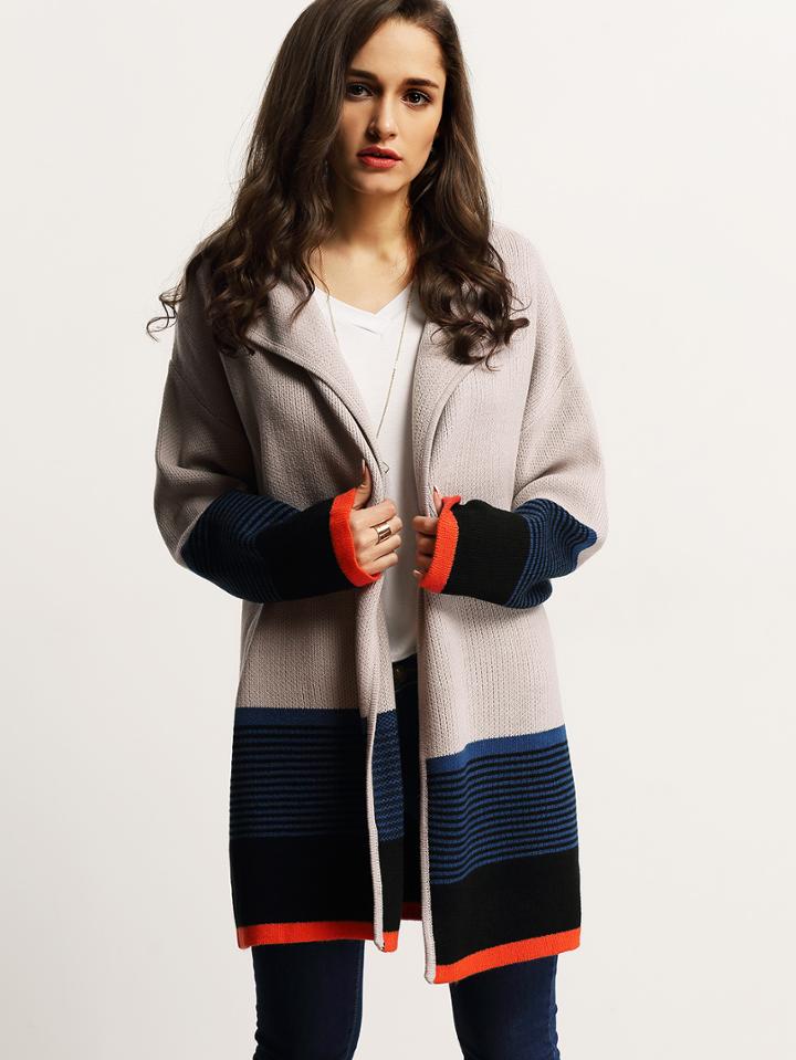 Romwe Apricot Color Block Cardigan
