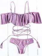 Romwe Purple Ruffle Detail Strappy Bikini Set