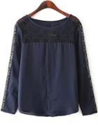 Romwe Navy Long Sleeve Hollow Loose Blouse
