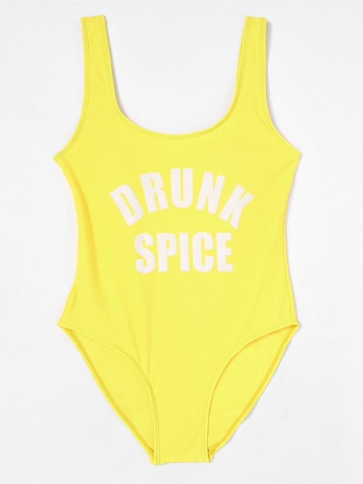Romwe Slogan Print Low Back Swimsuit