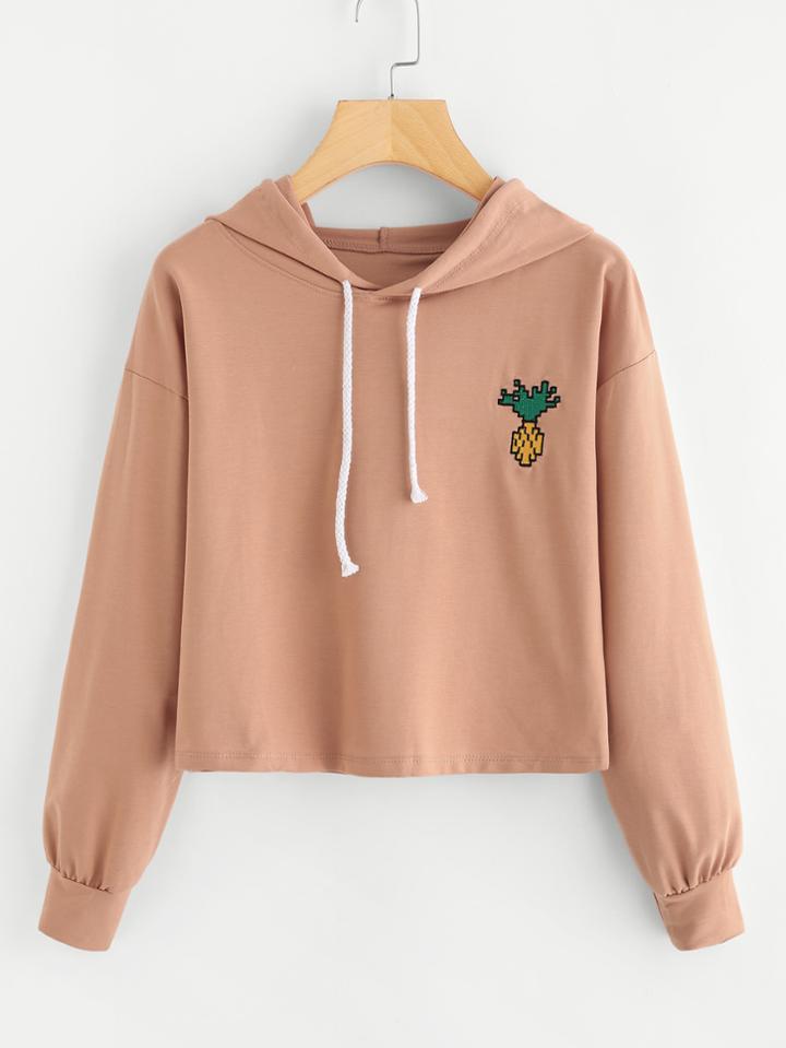 Romwe Pineapple Embroidered Drop Shoulder Hoodie