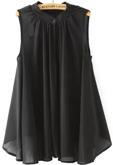 Romwe Stand Collar Pleated Black Top