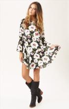 Romwe Green Long Sleeve Floral Print Backless Dress