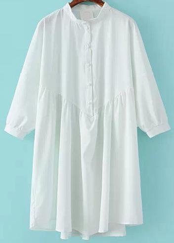 Romwe White Stand Collar Buttons Chiffon Loose Dress