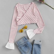 Romwe Surplice Front Flounce Sleeve Striped Tee