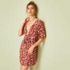Romwe Ditsy Floral Knot Back Belted Plunging Neck Dress