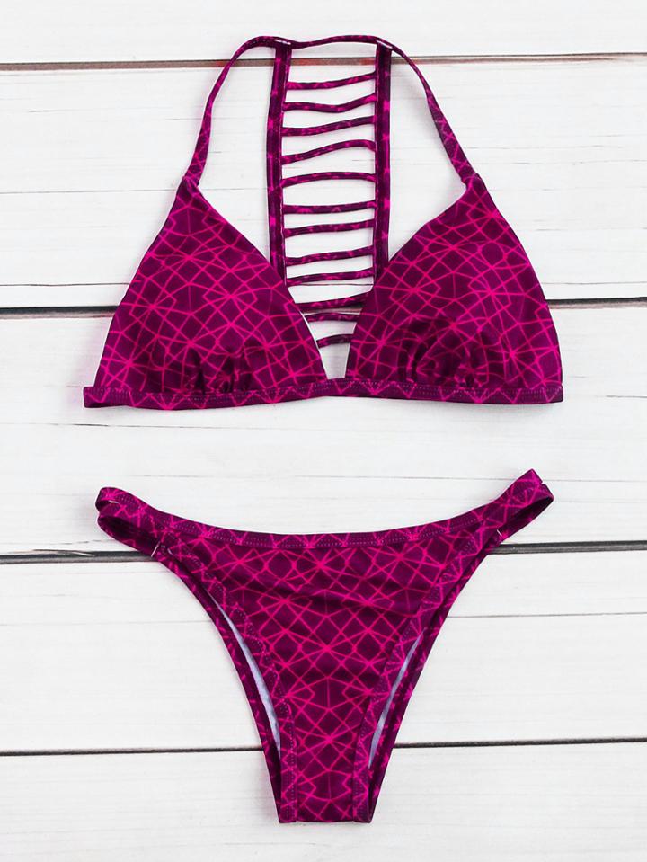 Romwe Hot Pink Ladder Cutout Triangle Bikini Set