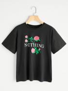 Romwe Rose And Slogan Print Tee