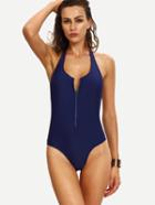 Romwe Zip Front Halter Neck Backless One-piece Swimwear