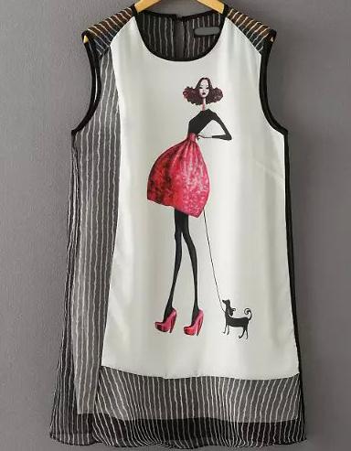 Romwe Vertical Striped Beauty Print Tank Dress