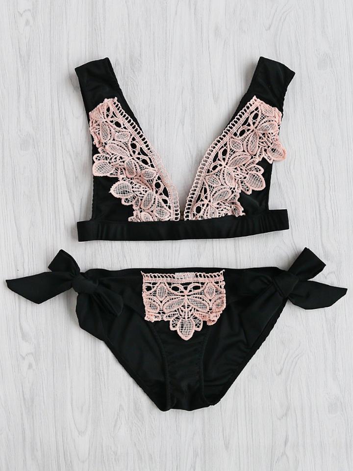 Romwe Crochet Detail Plunge Neckline Bikini Set
