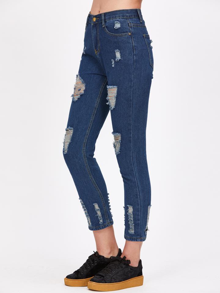 Romwe Deep Blue Ripped Skinny Jeans