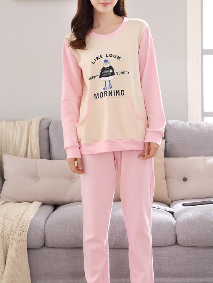 Romwe Color Block Cartoon Print Pullover & Pants Pj Set