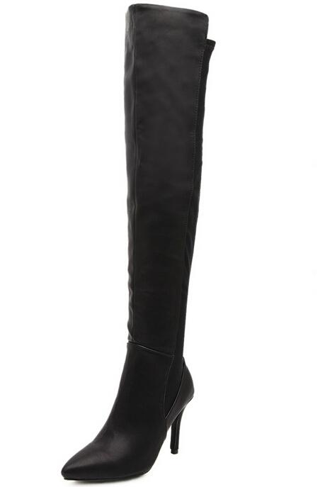 Romwe Black Point Toe High Heeled Knee Boots