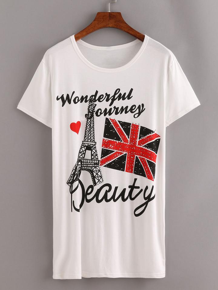 Romwe Studded Eiffel Tower Print White T-shirt