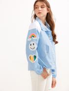 Romwe Blue Letter Print Zipper Up Patch Jacket