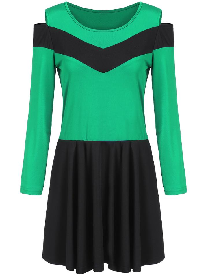 Romwe Cold Shoulder Colour-block Pleated Dress