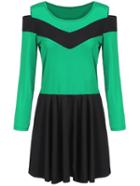Romwe Cold Shoulder Colour-block Pleated Dress