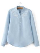 Romwe Blue Embroidery Band Collar Scalloped Hem Denim Blouse