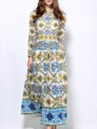 Romwe Multicolor Crew Neck Vintage Pleated Maxi Dress