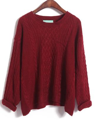 Romwe Wine Red Long Sleeve Diamond Patterned Knit Sweater
