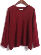 Romwe Wine Red Long Sleeve Diamond Patterned Knit Sweater