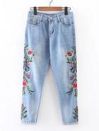 Romwe Flower Embroidery Rolled Hem Jeans