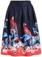 Romwe Bird Print Florals Navy Skirt