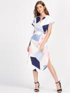 Romwe Rolled Sleeve Slit Side Curved Hem Self Tie Dress