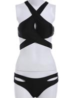 Romwe Black Cross Strap Hollow Bikini Set
