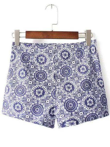 Romwe Blue And White Porcelain Print Zipper Side Shorts