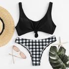 Romwe Gingham Tie Front Bikini Set