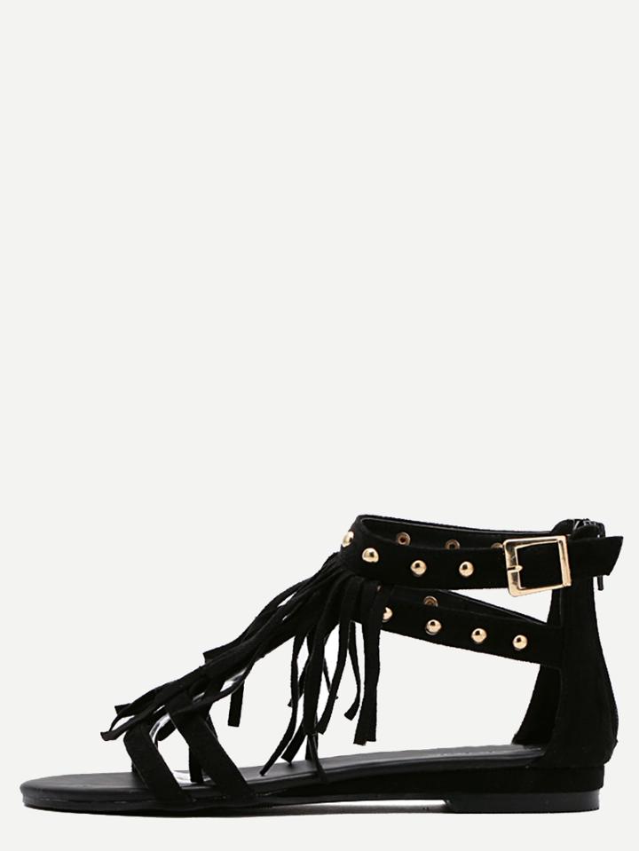Romwe Black Peep Toe Fringe Buckle Sandals