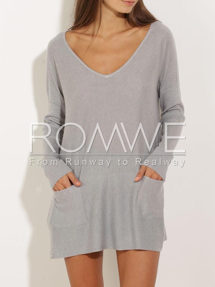 Romwe Grey V Neck Pockets Casual Sweater Dress