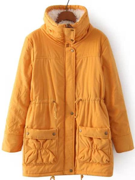 Romwe Stand Collar Drawstring Pockets Yellow Coat