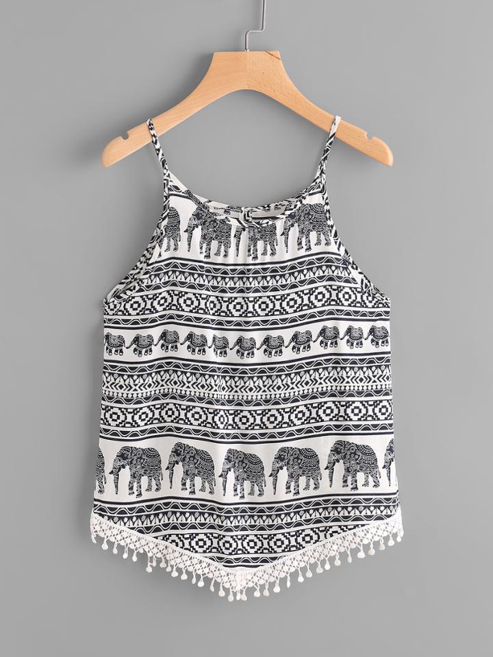 Romwe Vintage Print Lace Hem Cami Top