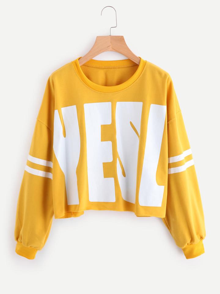 Romwe Drop Shoulder Letter Print Varsity Striped Sweatshirt