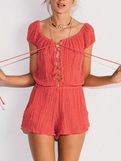 Romwe Lace-up Front Elastic Waist Crinkle Romper - Orange