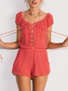 Romwe Lace-up Front Elastic Waist Crinkle Romper - Orange