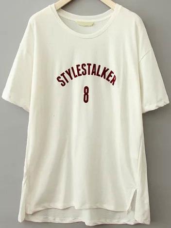 Romwe Dip Hem Split Letter Print T-shirt