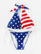 Romwe Star & Striped Print Side Tie Bikini Set