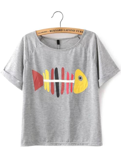 Romwe Fishbone Print Grey T-shirt