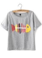 Romwe Fishbone Print Grey T-shirt
