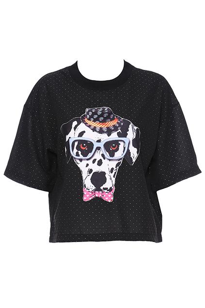 Romwe Dalmatian Head Stitching Black Short-sleeved T-shirt