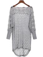 Romwe Lace Insert Eyelet High Low Sweater