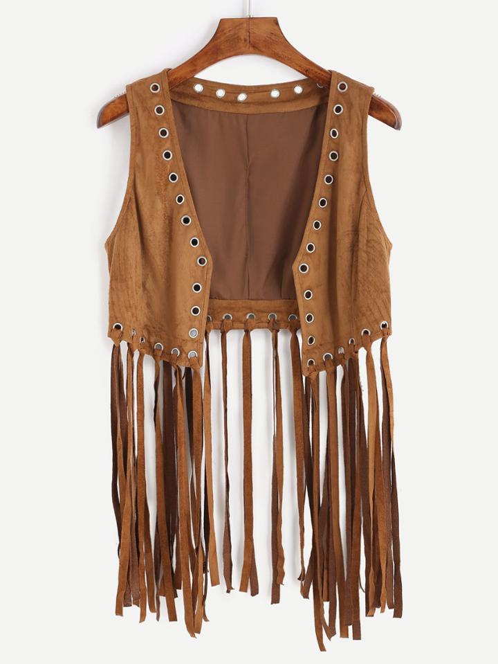 Romwe Brown Faux Suede Eyelet Detail Fringe Vest