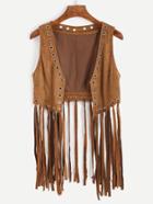 Romwe Brown Faux Suede Eyelet Detail Fringe Vest