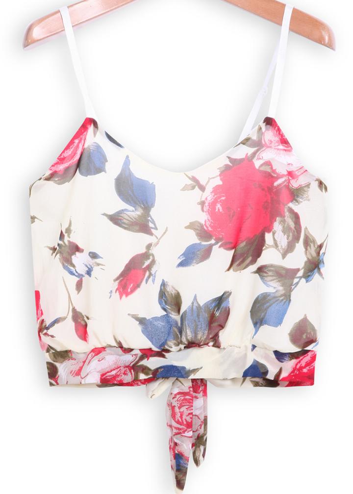Romwe Spaghetti Strap Floral Knotted White Cami Top
